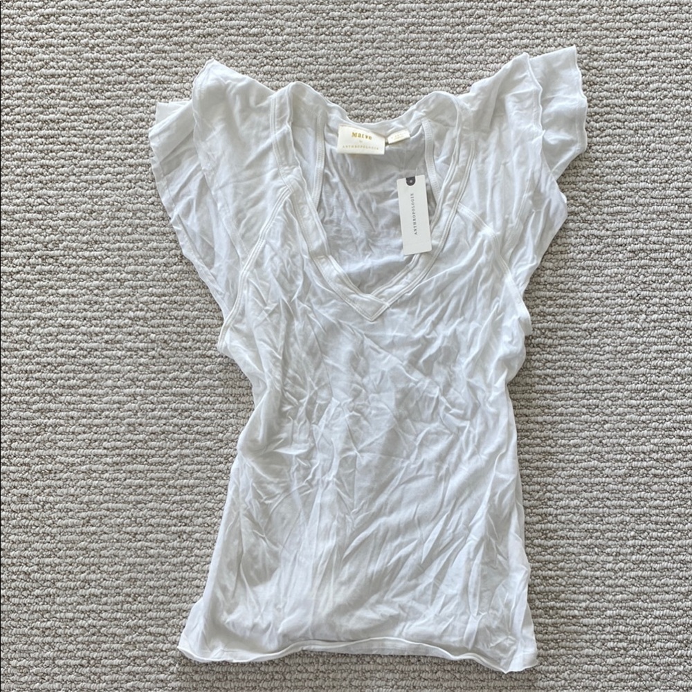 Anthropologie White Flutter Sleeve Tshirt